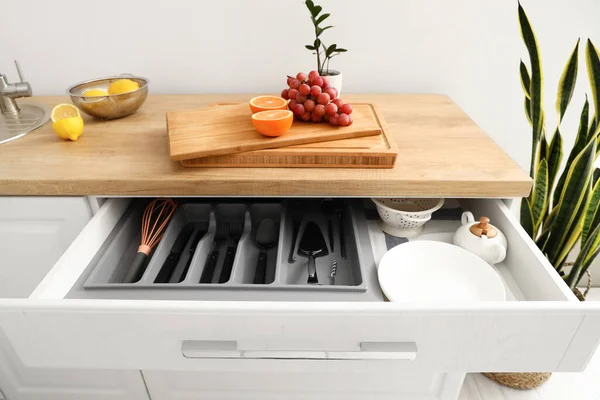 Opened Drawer Set Cutlery Fruits Counter Kitchen — Stock Photo, Image