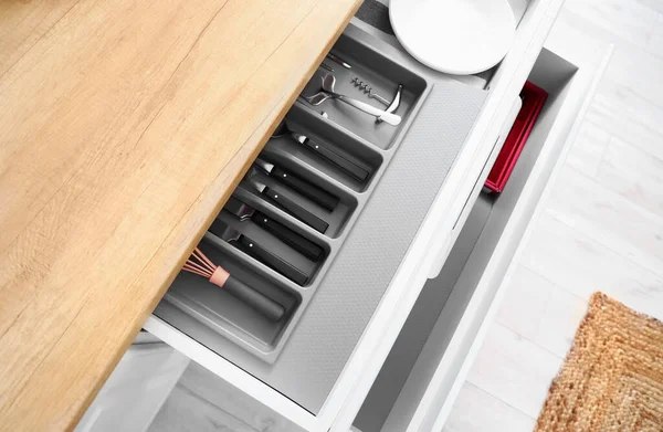 Opened Drawers Cutlery Kitchen — Stock Photo, Image