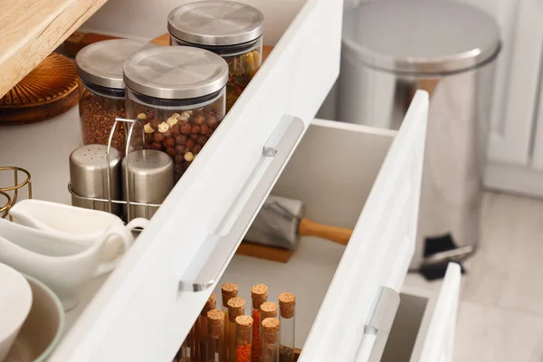 Jars Products Opened Drawers Closeup — Stock Photo, Image