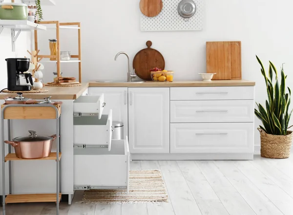 Interior Kitchen Modern Counters Opened Drawers — Stock Photo, Image