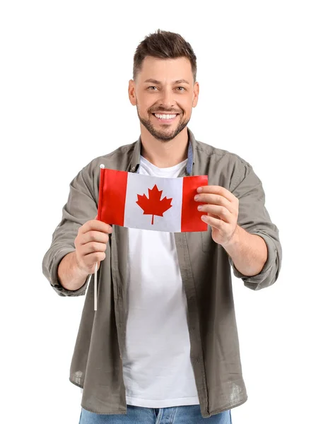 Beyaz Arka Planda Kanada Bayrağı Taşıyan Gülümseyen Genç Adam — Stok fotoğraf