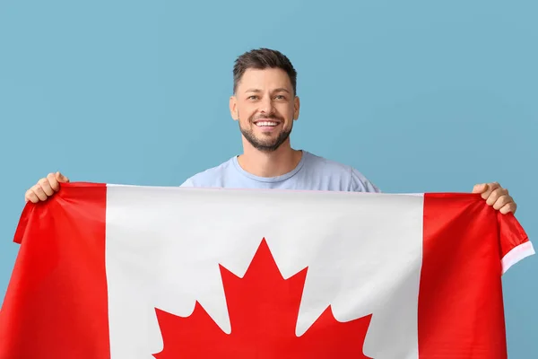 Happy Young Man Flag Canada Blue Background — Stock Photo, Image