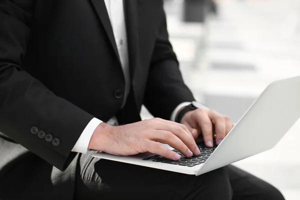 Stylish Businessman Working Laptop Outdoors Closeup — Stock Photo, Image