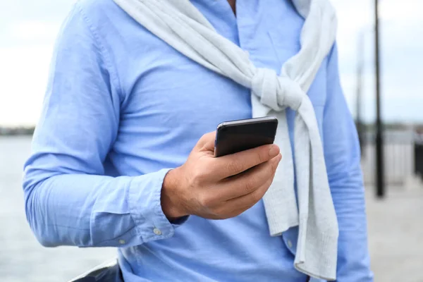 Handsome Businessman Using Mobile Phone Embankment — Stock Photo, Image