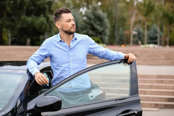 Handsome Businessman Modern Car Outdoors — Stock Photo, Image