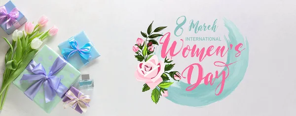 Όμορφη Ευχετήρια Κάρτα Για Την Παγκόσμια Ημέρα Της Γυναίκας Δώρα — Φωτογραφία Αρχείου