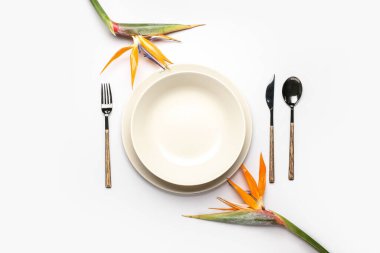 Beyaz arka planda cennet kuşu çiçekleri olan basit masa ayarları