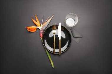 Koyu arkaplanda cennet kuşu olan basit bir masa.