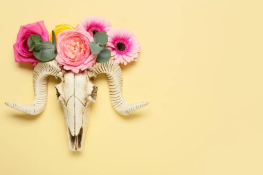 Renkli arka planda çiçekler olan koyun kafatası