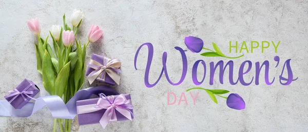 Belo Cartão Saudação Para Dia Internacional Mulher Com Presentes Flores — Fotografia de Stock