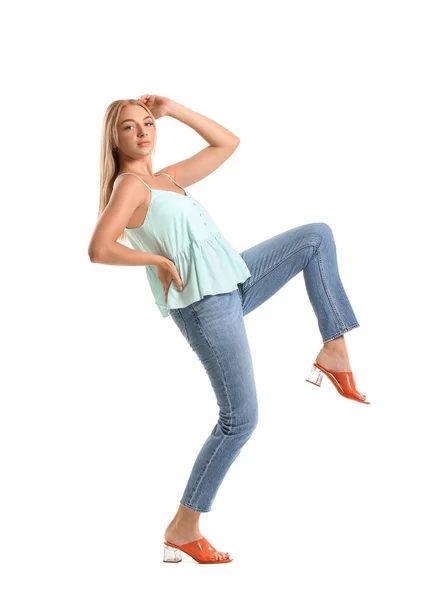 Fashionable Young Woman Stylish Jeans White Background — Stock Photo, Image