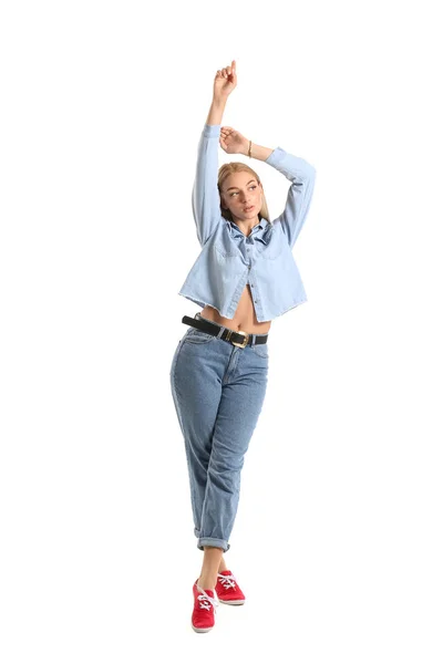 Fashionabla Ung Kvinna Snygga Jeans Kläder Vit Bakgrund — Stockfoto
