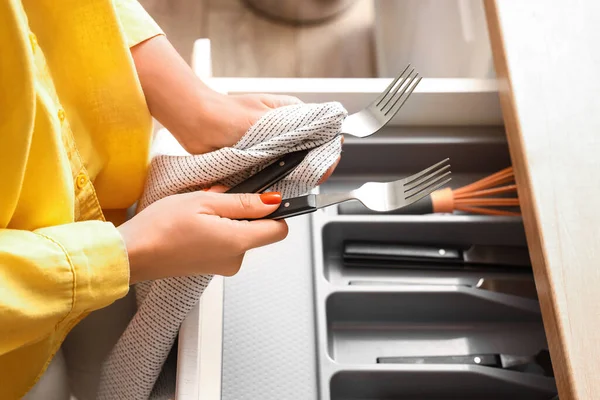 Woman Cleaning Forks Opened Kitchen Drawer Closeup — Stock Photo, Image