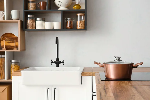 Shiny Cooking Pot Stove Light Kitchen — Stock Photo, Image