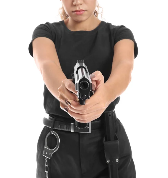 Africano Americano Guarda Segurança Sexo Feminino Com Arma Fundo Branco — Fotografia de Stock
