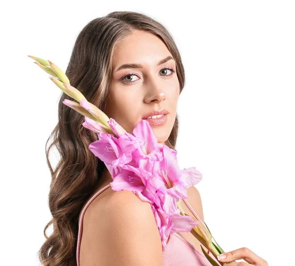 Retrato Mulher Bonita Com Flores Gladiolus Fundo Branco — Fotografia de Stock