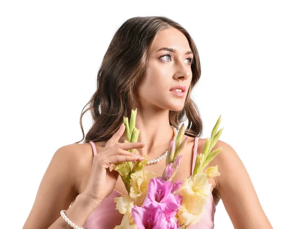 Woman Stylish Jewelry Holding Bouquet Gladiolus Flowers White Background — Stock Photo, Image