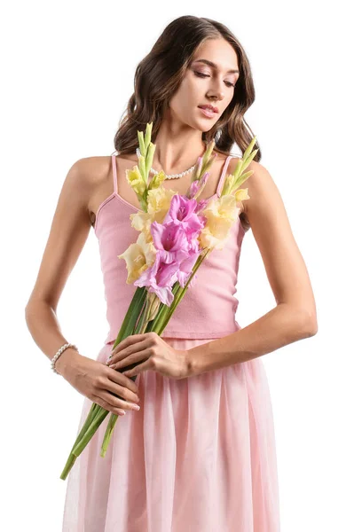 Woman Bouquet Beautiful Gladiolus Flowers White Background — Stock Photo, Image