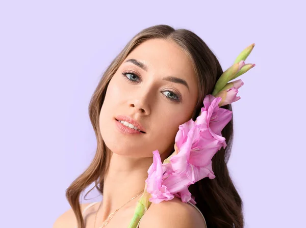 Young Woman Gladiolus Flowers Color Background — Stock Photo, Image