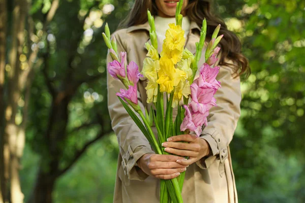 Woman Bouquet Gladiolus Flowers Park Closeup — Stock Photo, Image