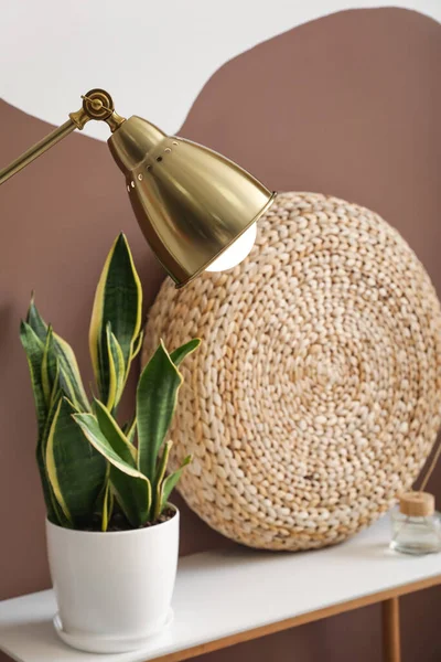 Golden Standard Lamp Stylish Room Closeup — Stock Photo, Image