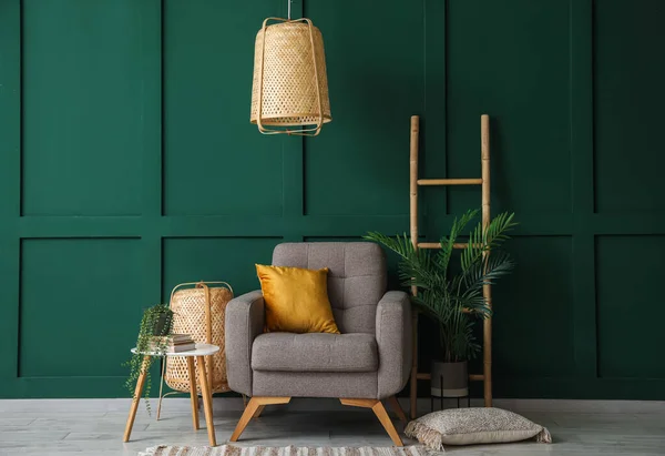 Interior Stylish Living Room Armchair Ladder Hanging Lamp — Stock Photo, Image