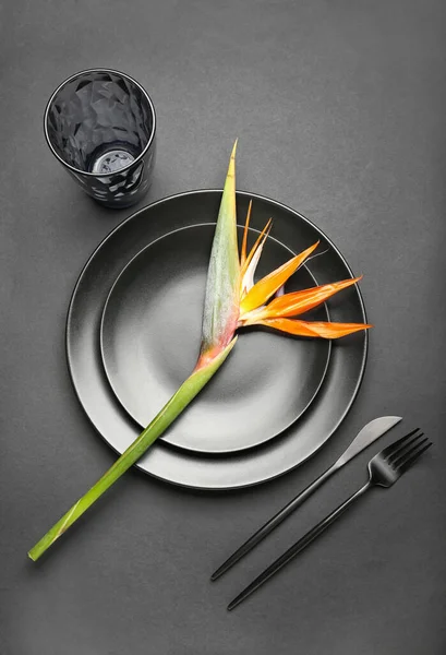 暗い背景に楽園の花の鳥とシンプルなテーブルの設定 — ストック写真