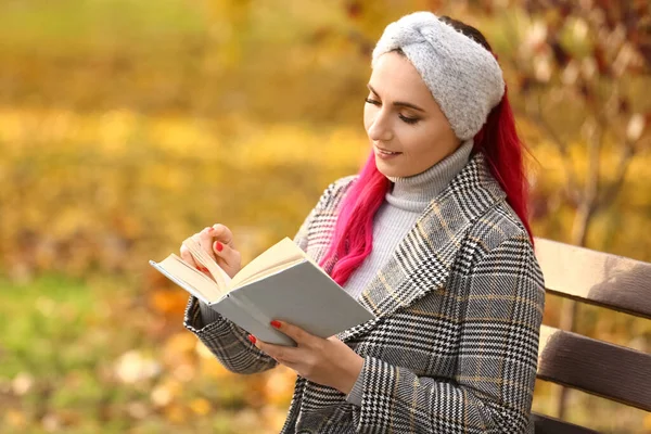 Beautiful Woman Reading Book Bench Autumn Park — Stock Photo, Image