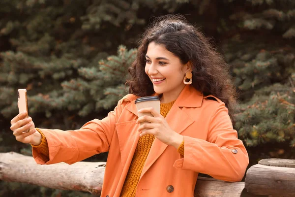 Beautiful Woman Drinking Tea Taking Selfie Outdoors — Stock Photo, Image