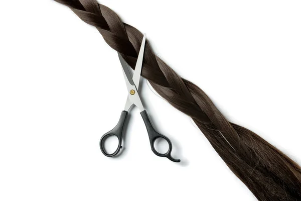 Tmavě Hnědé Vlasy Pramen Pro Darování Nůžkami Bílém Pozadí — Stock fotografie