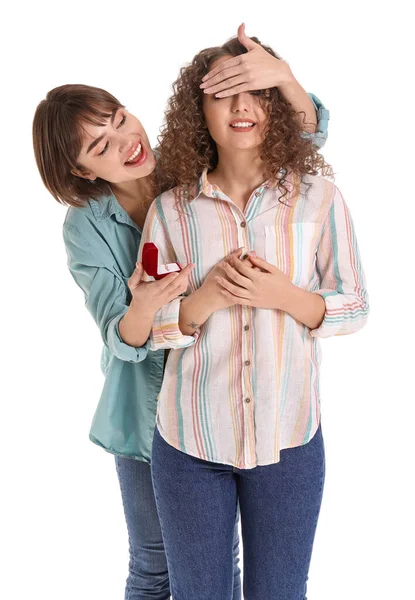 Young Lesbian Woman Proposing Her Girlfriend White Background — Stock Photo, Image