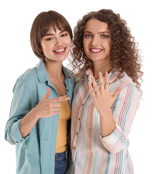 Happy Engaged Lesbian Couple White Background — Stock Photo, Image