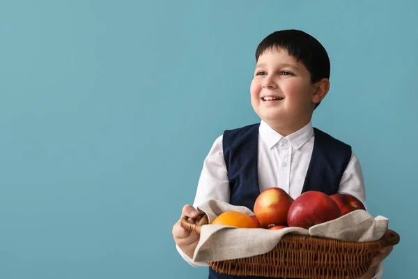 Little Jewish Boy Fruits Basket Grey Background — Stock Photo, Image