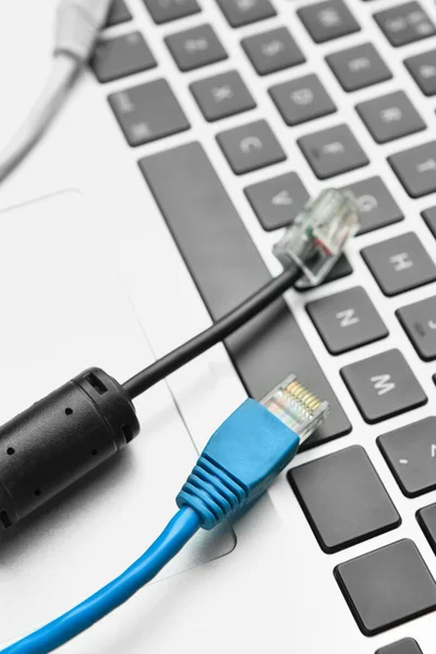 Different Internet Cables Laptop Closeup — Stock Photo, Image