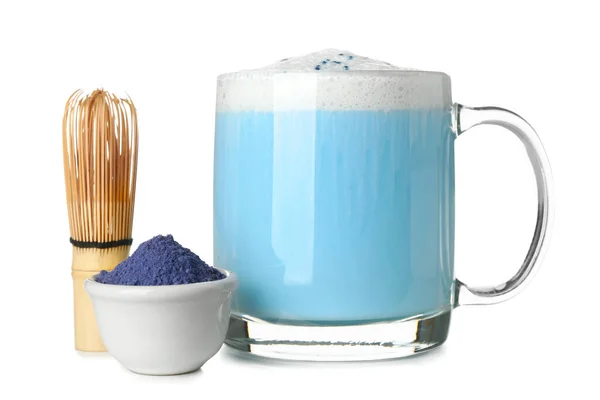 Glass Cup Blue Matcha Latte Chasen Powder White Background — Stock Photo, Image