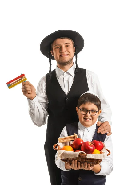 Judeu Homem Menino Com Gragger Para Purim Férias Frutas Cesta — Fotografia de Stock