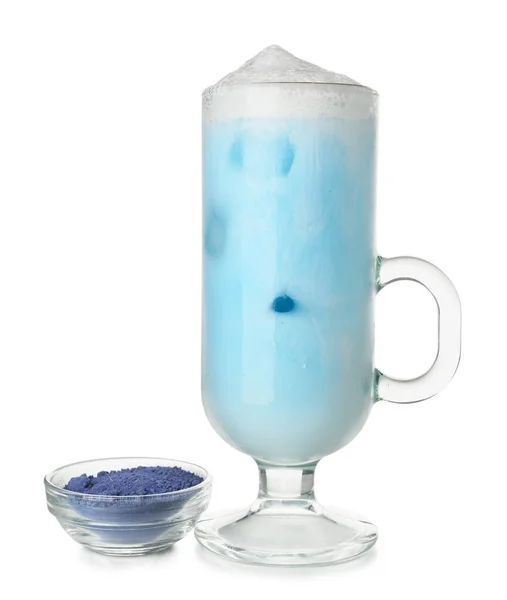Glass Blue Matcha Latte Powder White Background — Stock Photo, Image