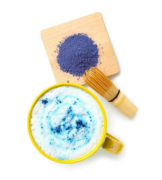 Cup Tasty Blue Matcha Latte Chasen Powder White Background — Stock Photo, Image