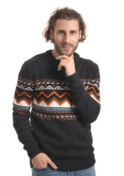 Bello Giovane Uomo Maglia Maglione Sfondo Bianco — Foto Stock