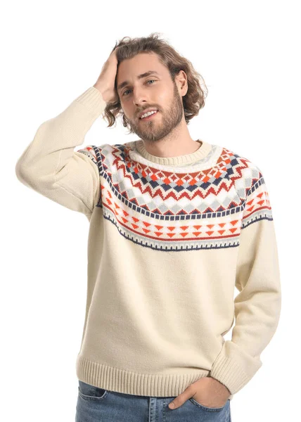 Schöner Junger Mann Strickpullover Auf Weißem Hintergrund — Stockfoto