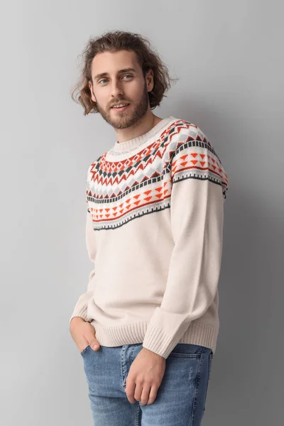 Handsome Young Man Knitted Sweater Grey Background — Stock Photo, Image