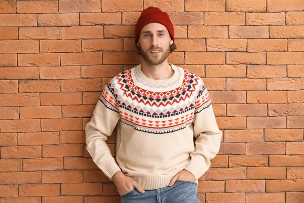 Handsome Young Man Knitted Sweater Brick Background — Stock Photo, Image