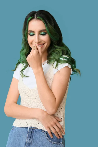 Beautiful Young Woman Unusual Green Hair Color Background — Stock Photo, Image