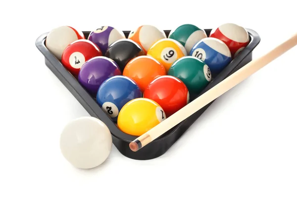 Rack Billiard Balls Cue White Background — Stock Photo, Image