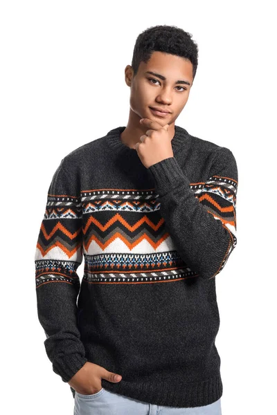 Handsome African American Guy Knitted Sweater White Background — Stock Photo, Image