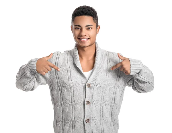 Bonito Afro Americano Cara Camisola Malha Fundo Branco — Fotografia de Stock