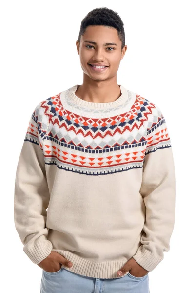 Handsome African American Guy Knitted Sweater White Background — Stock Photo, Image