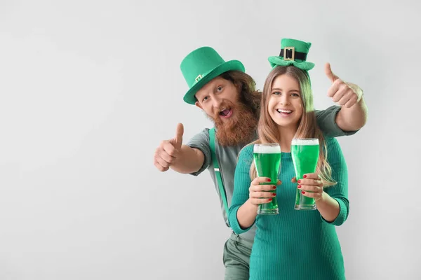 Happy Young Couple Glasses Beer Light Background Patrick Day Celebration — Stock Photo, Image