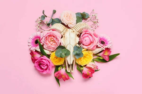 Skull Sheep Flowers Color Background — Fotografia de Stock