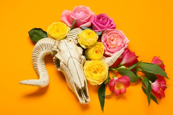 Skull Sheep Flowers Color Background — Fotografia de Stock